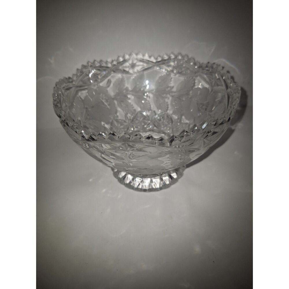 Vintage Hand Cut Lead Crystal Footed Bowl Saw Tooth Scalloped Edge Fairfield Box